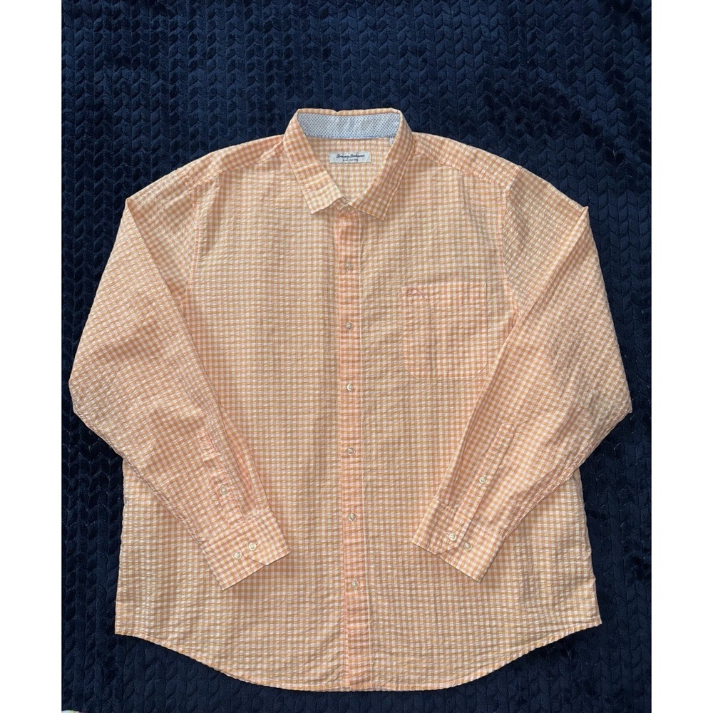 Tommy Bahama Mens Button Up Shirt Orange White Plaid Long Sleeve Pima Cotton 2XL